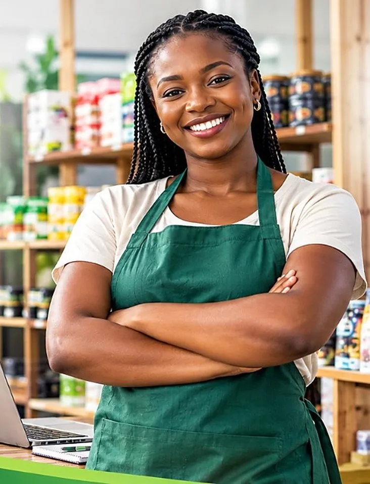 Poster: Business loans and advances, short and long term. Short term and long term business loans and advances that help your business to meet its financial needs, with monthly instalments matched to your business' cash flows. A smiling shop owner in a green apron stands with arms folded in her shop. Grow your business.